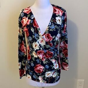 Leo Guy Navy Rose Floral Surplice Sweater